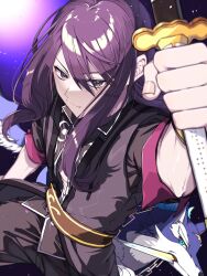 Rule 34 | 1boy, black eyes, blue eyes, blue fur, closed mouth, commentary request, gradient background, hair between eyes, highres, holding, holding sword, holding weapon, long hair, male focus, mitabichan, purple background, purple hair, repede (tales), smile, sword, tales of (series), tales of vesperia, two-tone fur, v-shaped eyebrows, weapon, white fur, wolf, yuri lowell