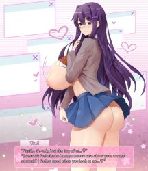 Rule 34 | 1girl, alternate breast size, ass, blazer, blue skirt, blush, breasts, breasts out, bursting breasts, curvy, dialogue box, doki doki literature club, english text, hair ornament, hairclip, heart, highres, huge breasts, jacket, large breasts, long hair, microskirt, nipples, nose blush, pleated skirt, purple eyes, purple hair, school uniform, sinensian, skirt, smile, solo, star (symbol), thick thighs, thighs, wardrobe malfunction, yuri (doki doki literature club)