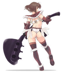 Rule 34 | 1girl, ass, axe, boots, brown eyes, brown hair, elbow gloves, fantasy, from behind, full body, glasses, gloves, kikuko (kazu), legs, looking back, mace, midriff, mk (mod0), original, short hair, simple background, solo, thighhighs, weapon