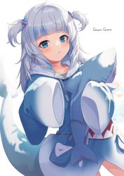 Rule 34 | 1girl, :&lt;, blue eyes, blue hair, blue hoodie, character name, closed mouth, commentary request, drawstring, fins, fish tail, gawr gura, grey hair, hair ornament, hololive, hololive english, hood, hood down, hoodie, long hair, long sleeves, looking at viewer, makamati, multicolored hair, romaji commentary, shark tail, sleeves past fingers, sleeves past wrists, solo, streaked hair, stuffed animal, stuffed shark, stuffed toy, tail, two side up, virtual youtuber, white background, wide sleeves