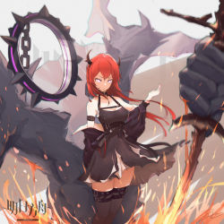 Rule 34 | 1girl, absurdres, ame999, arknights, black dress, chain, collar, demon, demon girl, demon horns, dress, highres, holding, holding weapon, horns, huge filesize, long hair, looking at viewer, purple eyes, red hair, spiked collar, spikes, surtr (arknights), sword, thighhighs, weapon