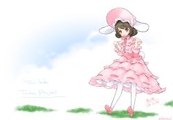 Rule 34 | 1girl, animal ears, ankle ribbon, artist name, blue sky, bonnet, bow, brown hair, character name, clenched hands, cloud, copyright name, dated, embellished costume, gothic lolita, grass, inaba tewi, leaning back, leg ribbon, lolita fashion, negative space, open mouth, pantyhose, petticoat, pink bow, rabbit ears, rabbit girl, rabbit tail, red eyes, ribbon, short hair, shou moeboshi, sky, solo, sweet lolita, tail, touhou, twitter username, white pantyhose