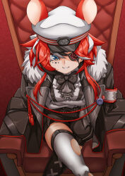 Rule 34 | 1girl, absurdres, animal ears, arms up, black coat, black footwear, black hair, black shorts, blue eyes, boots, coat, crossed arms, crossed legs, eyepatch, hakos baelz, hakos baelz (4th costume), hat, highres, hololive, hololive english, looking at viewer, mouse ears, mouse girl, multicolored hair, nyang-kaz, official alternate costume, red hair, short hair with long locks, shorts, smile, solo, streaked hair, suspender shorts, suspenders, thigh boots, thighhighs, torn clothes, torn thighhighs, virtual youtuber, white hair, white hat, white thighhighs