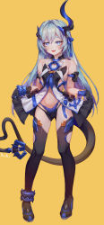 Rule 34 | 1girl, :d, aqua hair, artist name, bare shoulders, black gloves, black panties, blue eyes, blue panties, boots, center opening, clothes lift, collarbone, cuffs, dress, dress lift, fang, full body, gloves, hair ornament, highleg, highleg panties, highres, honkai (series), honkai impact 3rd, horns, liliya olenyeva, long hair, looking at viewer, navel, open mouth, panties, revealing clothes, simple background, single horn, sleeveless, sleeveless dress, smile, solo, standing, stomach, tail, thigh boots, thighhighs, ttutto, underwear, very long hair, yellow background