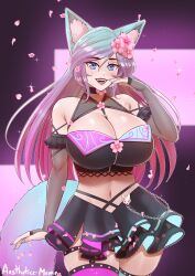 Rule 34 | 1girl, absurdres, aestheticc-meme, animal ear fluff, animal ears, artist name, blue eyes, breasts, bridal gauntlets, choker, cleavage, cowboy shot, crop top, detached sleeves, fangs, flower, green hair, hair flower, hair ornament, highres, huge breasts, lipstick, makeup, midriff, multicolored hair, multicolored tail, nail polish, navel, open mouth, petals, purple hair, silvervale, silvervale (4th costume), skindentation, skirt, smile, solo, streaked hair, tail, thighhighs, virtual youtuber, vshojo, wolf ears, wolf girl, wolf tail