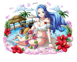 Rule 34 | 1girl, anklet, arm support, armlet, barefoot, bikini, bird, blue hair, bracelet, breasts, brown eyes, cleavage, coller, eyewear on head, fisheye, floating hair, flower, flower necklace, groin, hair flower, hair ornament, halterneck, hibiscus, jewelry, large breasts, lei, long hair, looking at viewer, navel, necklace, nefertari vivi, one piece, one piece treasure cruise, pool, red flower, sitting, smile, soaking feet, solo, sunglasses, swimsuit, transparent background, very long hair, white bikini, white flower