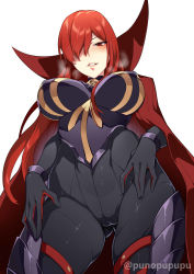 Rule 34 | 1girl, bodysuit, breasts, cameltoe, cape, covered erect nipples, fate/grand order, fate (series), gloves, hair over one eye, heavy breathing, highres, impossible clothes, large breasts, long hair, looking at viewer, looking down, oda nobunaga (fate), oda nobunaga (maou avenger) (fate), oda uri, open mouth, parted lips, puuzaki puuna, red cape, red eyes, red hair, smile, solo, very long hair