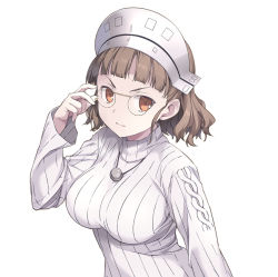 Rule 34 | 1girl, alternate costume, breasts, brown eyes, brown hair, clos, closed mouth, eyewear strap, glasses, headdress, jewelry, kantai collection, large breasts, long sleeves, necklace, pince-nez, ribbed sweater, roma (kancolle), sakana (flame sakana), short hair, simple background, solo, sweater, turtleneck, turtleneck sweater, white background, white sweater