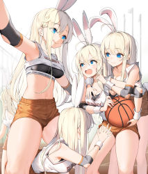 Rule 34 | 5girls, :q, absurdres, ahoge, animal ears, armpit crease, armpits, ball, bare shoulders, basketball, basketball (object), black sports bra, blonde hair, blue eyes, blush, breasts, brown shorts, cleavage, closed mouth, clothes lift, clothes writing, collarbone, commentary request, crop top, dduck kong, english text, eye contact, hair between eyes, highres, holding, holding ball, indoors, large breasts, lifted by self, long hair, looking at another, looking away, medium breasts, midriff, multiple girls, navel, open mouth, original, outstretched arms, rabbit ears, shirt, shirt lift, short shorts, shorts, sleeveless, sleeveless shirt, smile, sports bra, standing, sweatband, tank top, thighs, tongue, tongue out, v-shaped eyebrows, very long hair, wavy mouth, white hair, white shirt, white tank top, wrist cuffs