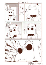 Rule 34 | (o) (o), 1girl, 4koma, ^^^, abyssal ship, closed eyes, collar, comic, commentary, door, hair between eyes, hand to own mouth, highres, horns, kantai collection, long hair, mittens, monochrome, moomin, muppo, sazanami konami, shaded face, sidelocks, solo, sweatdrop, teeth, toothpick, translated, wallet