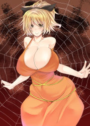 Rule 34 | 1girl, bad id, bad pixiv id, blonde hair, breasts, cleavage, curvy, dress, female focus, hair ribbon, hip focus, huge breasts, kurodani yamame, aged up, ribbon, short hair, silk, smile, solo, spider web, standing, toono yayoi, touhou, wide hips, yellow eyes