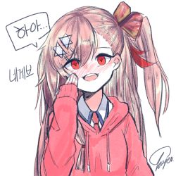Rule 34 | 1girl, blush, bow, braid, girls&#039; frontline, hair bow, hand on own face, heart, heart-shaped pupils, hexagram, hood, hooded jacket, hoodie, jacket, korean text, looking at viewer, negev (girls&#039; frontline), one side up, open mouth, pink eyes, pink hair, red bow, red eyes, red hoodie, red tie, solo, speech bubble, star of david, symbol-shaped pupils, tosyeo, white background, yandere