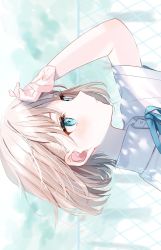 Rule 34 | 1girl, arm up, blonde hair, blue eyes, blue ribbon, blurry, blurry background, blush, chain-link fence, closed mouth, collared shirt, fence, hand on own face, hand up, highres, misumi (macaroni), neck ribbon, original, ribbon, school uniform, shirt, short hair, short sleeves, sideways, solo, white shirt