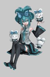 Rule 34 | &gt; &lt;, 1girl, :3, :d, alternate hairstyle, animal, animal on hand, animal request, aqua eyes, aqua hair, aqua necktie, aqua theme, arms up, bare shoulders, black footwear, blonde hair, blue bow, blush, boots, bow, breasts, cal 119, cinnamiku, cinnamoroll, clothed animal, collared shirt, colored shoe soles, cosplay, crossover, detached sleeves, dog, ear bow, facing away, full body, grey background, grey shirt, hair between eyes, hair bow, hair over one eye, hand up, hatsune miku, hatsune miku (cosplay), headphones, headset, high heel boots, high heels, highres, invisible chair, matching outfits, miniskirt, necktie, open mouth, pleated skirt, sanrio, shirt, shoe soles, shoulder tattoo, sidelocks, simple background, sitting, skirt, sleeves past fingers, sleeves past wrists, smile, standing, standing on one leg, suspenders hanging, tattoo, thigh boots, tied ears, updo, vocaloid