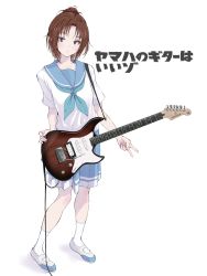 Rule 34 | 1girl, blue neckerchief, blue sailor collar, blue skirt, breasts, brown hair, closed mouth, collarbone, commentary request, fingernails, full body, grey eyes, hasisisissy, head tilt, hibike! euphonium, high ponytail, highres, holding, holding instrument, instrument, looking at viewer, nakagawa natsuki, neckerchief, parted bangs, pleated skirt, ponytail, sailor collar, shadow, shirt, shoes, short sleeves, skirt, small breasts, socks, solo, standing, translation request, uwabaki, v, white background, white footwear, white shirt, white socks