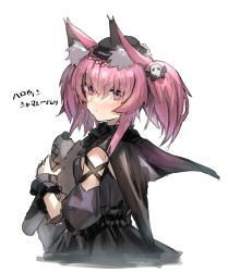 Rule 34 | 1girl, absurdres, animal ear fluff, animal ears, arknights, bare shoulders, black dress, black headwear, black ribbon, bow, closed mouth, commentary request, dress, fox ears, fox girl, frills, from side, hair bow, hair ornament, highres, holding, holding stuffed toy, horn/wood, long hair, looking at viewer, looking to the side, official alternate costume, purple eyes, purple hair, ribbon, shamare (arknights), shamare (echo of the horrorlair) (arknights), short twintails, sidelocks, simple background, skull hair ornament, sleeveless, sleeveless dress, solo, stuffed toy, translation request, twintails, upper body, white background, wrist cuffs