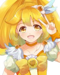 Rule 34 | 10s, 1girl, :d, blonde hair, bow, bowtie, brooch, choker, cure peace, earrings, eyelashes, hair flaps, hair ornament, hairpin, jewelry, kise yayoi, long hair, magical girl, open mouth, orange bow, orange bowtie, ponytail, precure, sakuraba hinano, skirt, smile, smile precure!, solo, tiara, v, wide ponytail, wrist cuffs, yellow bow, yellow eyes, yellow skirt, yellow theme