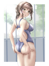 Rule 34 | 1girl, ass, blue one-piece swimsuit, breasts, brown eyes, brown hair, competition swimsuit, cowboy shot, from behind, highres, looking at viewer, mashinatsu, medium breasts, one-piece swimsuit, original, ponytail, sidelocks, solo, standing, swimsuit, wedgie