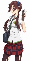 Rule 34 | 00s, 1girl, cellphone, female focus, glasses, ina (gokihoihoi), makinami mari illustrious, neon genesis evangelion, pantyhose, phone, plaid, plaid skirt, rebuild of evangelion, school uniform, simple background, skirt, solo, torn clothes, torn pantyhose, twintails, white background