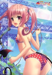 Rule 34 | 1girl, :d, absurdres, bikini, blush, breasts, brown eyes, copyright name, cowboy shot, day, demon tail, fang, hair ornament, highres, holding, holding microphone, leaning forward, lens flare, long hair, looking at viewer, looking back, microphone, microphone stand, nana asta deviluke, official art, open mouth, outdoors, pink hair, polka dot, polka dot bikini, red bikini, sideboob, small breasts, smile, solo, standing, swimsuit, tail, to love-ru, twintails, yabuki kentarou
