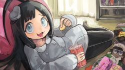 Rule 34 | 1boy, absurdres, ahoge, androgynous, antenna hair, bag of chips, black hair, black pantyhose, bleach, blue eyes, buchi0122, buttons, character doll, chips (food), coat, crossdressing, cup, disposable cup, dress, drinking straw, food, giselle gewelle, grey coat, hat, highres, holding, holding cup, holding food, indoors, long hair, long sleeves, looking at viewer, lying, mini hat, on side, open mouth, pantyhose, potato chips, shirt, sitting, sleeves past wrists, snack, solo, sternritter, tongue, tongue out, top hat, trap, wandenreich, wandenreich uniform