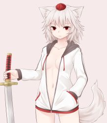 Rule 34 | 1girl, alternate costume, animal ears, bottomless, breasts, closed mouth, cowboy shot, hand in pocket, hat, holding, holding sword, holding weapon, hood, hoodie, inubashiri momiji, long sleeves, looking at viewer, medium breasts, miyo (ranthath), naked hoodie, navel, no bra, no pants, pocket, red eyes, short hair, simple background, solo, sword, tail, tokin hat, touhou, weapon, white hair, wolf ears, wolf tail, zipper pull tab