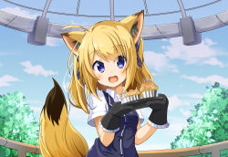 Rule 34 | 1girl, :d, animal ears, blonde hair, blue eyes, chaakusu, cloud, commentary request, day, food, fox ears, fox tail, gloves, hair ribbon, highres, long hair, muffin, open mouth, original, phantasy star, phantasy star online 2, ribbon, shirt, short sleeves, smile, tail, tree, twintails, vest, white shirt