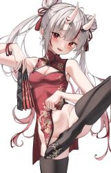 Rule 34 | 1girl, absurdres, bare shoulders, breasts, cleavage, covering privates, double bun, grey hair, hair bun, hair buns, highres, hololive, long hair, nakiri ayame, no panties, red eyes, scarlet (wv0102), simple background, solo, virtual youtuber