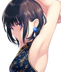 Rule 34 | 1girl, :d, achiki, armpits, arms behind head, arms up, bad id, bad twitter id, bare shoulders, black hair, blue eyes, breasts, china dress, chinese clothes, commentary request, dress, earrings, eyelashes, hair between eyes, high collar, jewelry, looking at viewer, medium breasts, open mouth, original, parted lips, short hair, simple background, smile, solo, teeth, upper body, white background