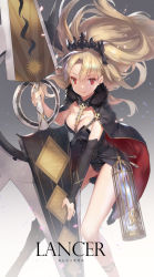 Rule 34 | 1girl, asymmetrical legwear, asymmetrical sleeves, between breasts, birdcage, black bow, black cape, black dress, black thighhighs, blonde hair, bow, breasts, cage, cape, cleavage, closed mouth, commentary request, detached collar, detached sleeves, dress, earrings, ereshkigal (fate), fate/grand order, fate (series), floating hair, fur-trimmed cape, fur trim, hair between eyes, hair bow, holding, holding weapon, huge weapon, infinity symbol, jewelry, long hair, long sleeves, looking at viewer, medium breasts, multicolored cape, multicolored clothes, red cape, red eyes, ritsuki, single detached sleeve, single thighhigh, skull, sleeves past wrists, smile, solo, spine, thighhighs, tiara, tohsaka rin, two side up, uneven legwear, uneven sleeves, very long hair, weapon