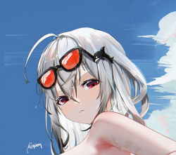 Rule 34 | 1girl, ahoge, arknights, bare shoulders, blue sky, chinese commentary, cloud, commentary request, day, eyewear on head, hair between eyes, hair ornament, highres, long hair, no headwear, omone hokoma agm, portrait, red eyes, silver hair, skadi (arknights), sky, solo, sunglasses, whale hair ornament