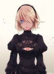 Rule 34 | 1girl, 2b (nier:automata), black dress, blue eyes, breasts, cleavage cutout, clothing cutout, dress, expressionless, grey hair, hairband, juliet sleeves, long sleeves, looking at viewer, malt 40, nier:automata, nier (series), no blindfold, parted lips, puffy sleeves, short hair, small breasts, solo, upper body, wind