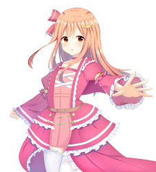 1girl absurdres bad_id bad_pixiv_id blush brown_eyes choker collarbone commentary_request dress frilled_dress frills hair_between_eyes hair_ornament hair_ribbon hairclip highres layered_sleeves light_brown_hair long_sleeves looking_at_viewer one_side_up original outstretched_arm parted_lips pink_choker pink_dress pleated_dress puffy_short_sleeves puffy_sleeves red_ribbon ribbon rinringyo short_over_long_sleeves short_sleeves sleeves_past_wrists solo thighhighs white_thighhighs wide_sleeves