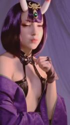 Rule 34 | 1girl, animated, breasts, cosplay, fate/grand order, fate (series), female focus, hiroto nyaa, horns, indoors, mexican (nationality), photo (medium), purple eyes, purple hair, short hair, shuten douji (fate), skin-covered horns, small breasts, solo, sound, tagme, video