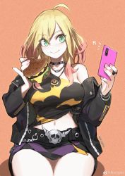 Rule 34 | 1girl, absurdres, ahoge, bare shoulders, black jacket, blonde hair, burger, choker, closed mouth, commentary, commission, food, green eyes, highres, holding, holding food, holding phone, jacket, jewelry, jun (navigavi), looking at phone, midriff, miniskirt, multicolored hair, nail polish, navel, necklace, off shoulder, orange background, original, phone, pink nails, ring, selfie, shirt, sitting, skeb commission, skirt, skull belt, smile, solo, streaked hair, thick thighs, thighs, tied shirt, weibo logo, weibo watermark