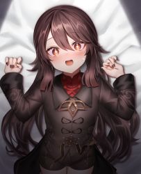 Rule 34 | 1girl, bed sheet, blush, brown hair, chinese clothes, genshin impact, highres, hu tao (genshin impact), jewelry, long hair, long sleeves, looking at viewer, lying, nail polish, neit ni sei, on back, on bed, open mouth, red eyes, ring, short shorts, shorts, smile, sweatdrop, symbol-shaped pupils, twintails, very long hair