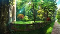 Rule 34 | artist request, bush, cloud, commentary, english commentary, existence, fence, game cg, grass, highres, light rays, no humans, outdoors, path, road, scenery, second-party source, sky, sunbeam, sunlight, tree