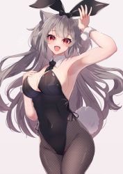 Rule 34 | 1girl, :d, absurdres, animal ears, armpits, black pantyhose, breasts, cleavage, covered navel, fake animal ears, grey background, grey hair, highres, hinata (user rjkt4745), leotard, long hair, looking at viewer, medium breasts, open mouth, original, pantyhose, playboy bunny, rabbit ears, rabbit tail, red eyes, simple background, smile, solo