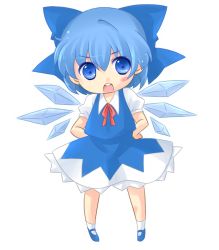 Rule 34 | 1girl, blouse, blue hair, cirno, collared shirt, deformed, hair between eyes, hands on own hips, ice, ice wings, open mouth, ryou-tan+, shirt, short hair, socks, solo, touhou, white shirt, white socks, wings