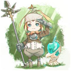 Rule 34 | 1girl, arm up, blue eyes, blush, brown hair, brown hat, brown jacket, brown pants, closed mouth, commentary request, elegant lilty, final fantasy, final fantasy crystal chronicles, full body, gauntlets, hat, highres, holding, holding polearm, holding spear, holding weapon, jacket, kuro kosyou, lilty, looking at viewer, pants, polearm, salute, smile, solo, spear, standing, weapon