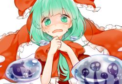 Rule 34 | 1girl, bad id, bad twitter id, crying, crying with eyes open, front ponytail, green eyes, green hair, hair ribbon, kagiyama hina, long hair, looking at viewer, matching hair/eyes, misha (hoongju), open mouth, puffy sleeves, ribbon, shaded face, short sleeves, silhouette, simple background, solo, tears, touhou, upper body, wavy mouth, white background