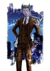 Rule 34 | 1boy, black hair, brown suit, draluc (kyuuketsuki sugu shinu), fang, formal, gloves, imokenpinijie, kyuuketsuki sugu shinu, male focus, necktie, outdoors, pointy ears, solo, standing, suit, vest, white gloves