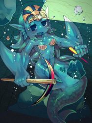 Rule 34 | 1girl, air bubble, animal ears, blue eyes, blue hair, blue skin, blush, bubble, colored skin, commentary request, fins, flashlight, gills, harau, head fins, helmet, highres, holding, jitome, long hair, looking at viewer, mermaid, miner, monster girl, muscular, muscular female, navel, open mouth, original, pickaxe, rock, shell, shell bikini, solo, sweatdrop, underwater, wavy mouth
