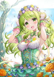 Rule 34 | 1girl, :d, akabane (zebrasmise), bare shoulders, blue flower, blush, bow, breasts, commentary request, detached sleeves, double bun, dress, flower, gloves, green bow, green dress, green eyes, green hair, green ribbon, green sleeves, hair bun, hair flower, hair ornament, hands up, highres, long hair, medium breasts, morinaka kazaki, neck ribbon, nijisanji, open mouth, pink bow, pink flower, puffy short sleeves, puffy sleeves, purple flower, ribbon, short sleeves, smile, solo, tree, virtual youtuber, water drop, white gloves, yellow flower