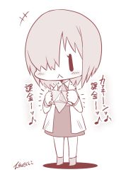 Rule 34 | 1girl, :&lt;, chibi, comic, commentary request, dress, fate/grand order, fate (series), hair over one eye, lab coat, long sleeves, mash kyrielight, monochrome, musical note, origami, short hair, solo, spoken musical note, translation request, white background, yamato nadeshiko