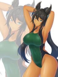 Rule 34 | absurdres, animal ears, armpits, arms behind head, black hair, blue eyes, breasts, commission, competition swimsuit, covered navel, dark-skinned female, dark skin, green one-piece swimsuit, highleg, highleg swimsuit, highres, horse ears, horse girl, horse tail, large breasts, long hair, one-piece swimsuit, ponytail, presenting armpit, seppatsumaru, swimsuit, symboli kris s (umamusume), tail, two-tone swimsuit, umamusume, zoom layer