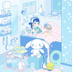 Rule 34 | 1girl, absurdres, bathtub, black eyes, black hair, blue theme, book, bottle, bubble, candle, cinnamoroll, crescent moon, cup, drink, highres, holding, holding book, merchandise, moon, original, rubber duck, sanrio, shower curtain, solo, window, yoshimon