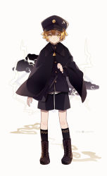 Rule 34 | 1boy, 2019, agatsuma zenitsu, artist name, bad id, bad pixiv id, black cape, black hat, black jacket, black shorts, black socks, blonde hair, blouse, boots, brown eyes, brown footwear, cape, captain yue, closed mouth, cloud, cross-laced footwear, dark clouds, full body, grey background, hat, highres, jacket, kimetsu no yaiba, kneehighs, lace-up boots, light frown, lightning, male focus, peaked cap, shirt, short shorts, shorts, socks, solo, standing, thick eyebrows, white shirt