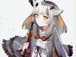 Rule 34 | 1girl, absurdres, arknights, closed mouth, commentary, dress, goggles, goggles around neck, grey hair, grey headwear, grey jacket, highres, holding, holding staff, jacket, long sleeves, looking at viewer, medium hair, owl ears, ptilopsis (arknights), rhine lab logo, rippajun, simple background, solo, staff, upper body, white background, white dress, yellow eyes