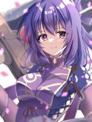 Rule 34 | 1girl, ao no kiseki, blurry, blurry background, breasts, double-parted bangs, eiyuu densetsu, falcom, falling petals, hair between eyes, hair bun, holding, holding sword, holding weapon, huge weapon, large breasts, looking at viewer, natsusechoco, petals, portrait, purple eyes, purple hair, rixia mao, smile, solo, sword, upper body, weapon, zero no kiseki